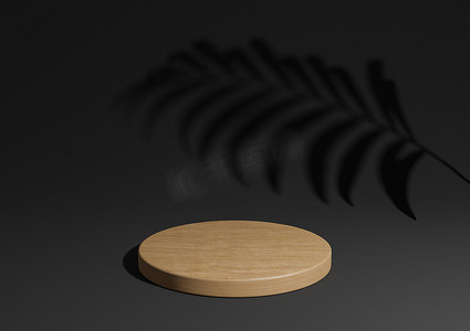 黑色展示台摄影照片_黑色、深灰色、黑白简单 3D 渲染最小的天然产品展示组合，带有一个木质讲台或背景中带有棕榈叶阴影的支架
