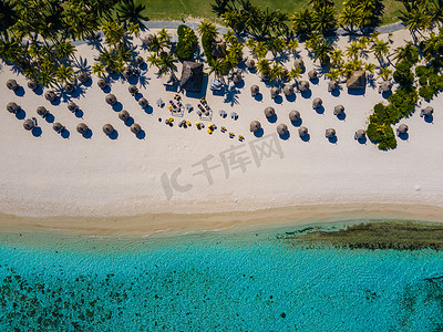 Le Morne 海滩毛里求斯，带棕榈树和白色沙滩蓝色海洋的热带海滩和带雨伞的沙滩床、太阳椅和遮阳伞在热带海滩的棕榈树下，Le Morne 海滩毛里求斯