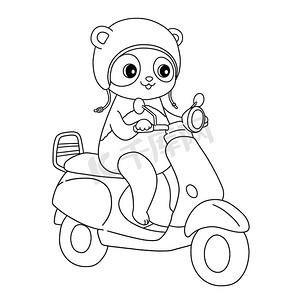 夏天熊猫骑着轻便摩托车戴头盔着色页