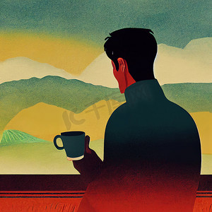男性角色在山上喝咖啡插画