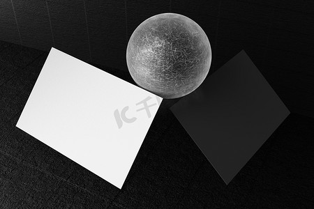 黑白名片纸样机模板，带有空白空间盖，用于在黑色混凝土地板背景上插入公司徽标或个人身份。