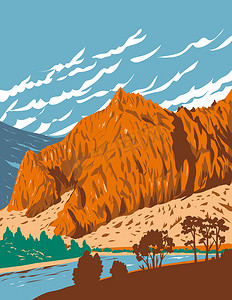 男脱毛海报摄影照片_美国蒙大拿州阿德尔山火山场的塔岩州立公园密苏里河峡谷入口 WPA 海报艺术