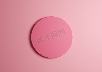 亮粉色圆形讲台或站立顶视图平躺产品的 3D 插图显示最小、简单的柔和、浅粉色背景，带有文本复制空间