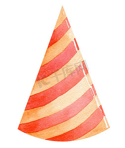 水彩橙色生日帽与红色条纹隔离在白色背景。