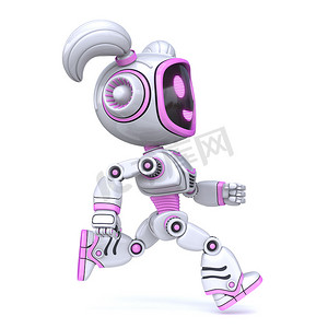 运行 3D 的可爱粉红色女孩机器人