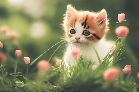 3D 渲染可爱的小猫坐在户外大自然的草地上，在美丽的一天观察花园。