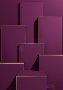 深红色红色摄影照片_深洋红色、紫色 3D 渲染简单、最小、几何背景产品展示基座金色线条，用于奢侈品产品广告壁纸模板
