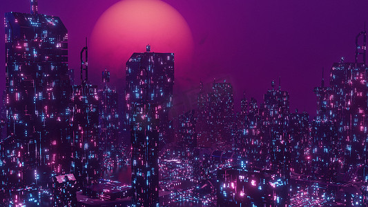 未来城市场景霓虹灯摩天大楼网络朋克城市概念背景 3d 渲染