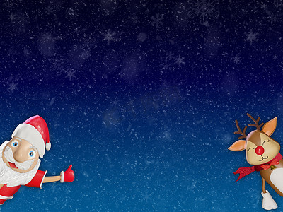 圣诞快乐，新年快乐，蓝色雪背景上有可爱的驯鹿，用于文本、网页和横幅。