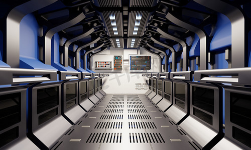 太空飞船走廊和秘密地下室走廊内部有蓝色和银灰色背景。
