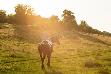 年轻女子在绿色的田野上骑马。