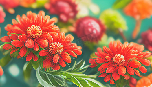 数字艺术背景新鲜花卉与菊花红色和橙色充满活力的叶子