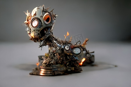 由废料制成的金属雕像，3D 插图