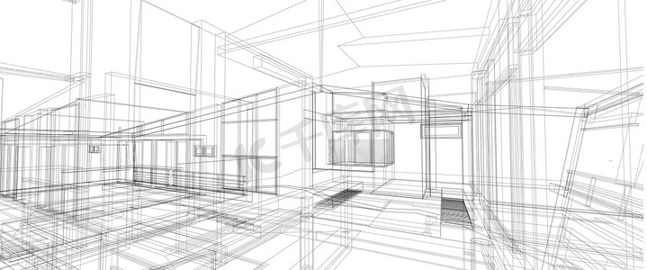 建筑室内家具设计概念3D透视线框渲染白色背景计算机智能技术