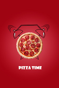 手绘红色闹钟摄影照片_比萨饼和闹钟手绘插图红色背景。