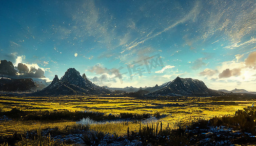 美丽的秋山、天空、月亮、雪山和高大的黄草的宁静景色。