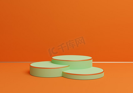 霓虹橙色、亮红色 3D 渲染简单产品展示，带三个讲台或带金线的展台，用于豪华产品的最小背景组合