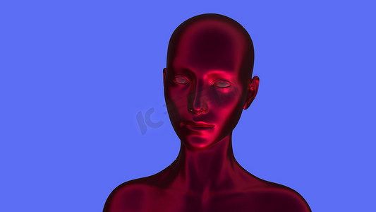 3D 渲染蓝色背景上的红色秃头女人的肖像。