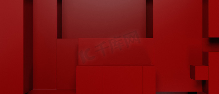 抽象创意未来块立方体现代深红色横幅背景 3D 插图