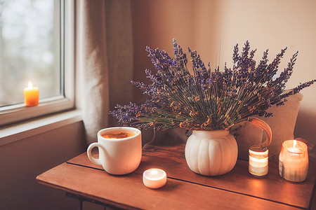 秋季 hygge 家居装饰布置、hygge 和舒适的概念、燃烧的白色香烛