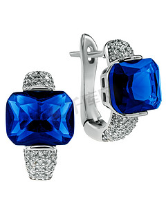 蓝宝石珠宝摄影照片_一对蓝宝石耳环，白色背景隔离