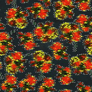 水彩漂亮的红色花摄影照片_黄色和红色花朵水彩图案在深色背景上抽象风格的纺织设计。