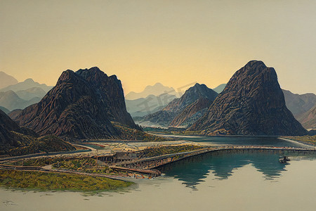 哈塔水坝和山脉景观清晨，手绘，