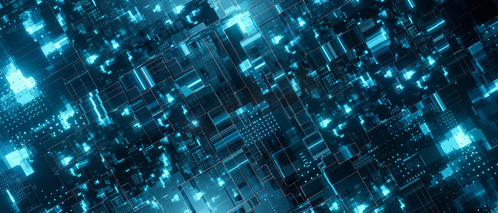 抽象闪亮的未来电子处理器或大型 PCB 电路如图案表面板数字浅蓝色绿松石横幅背景概念 3D 插图