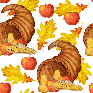 水彩手绘无缝图案与感恩节聚宝盆篮角、水果苹果梨玉米橡树叶。