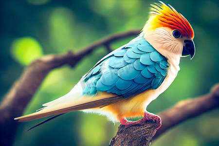 青色小摄影照片_坐在树枝上的红青色小鹦鹉的 3D 插图。