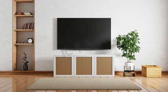 现代空房间里的木柜上方有电视，配有书架、书架、篮子和木制地板上的地毯。