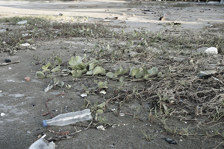 海洋塑料垃圾污染摄影照片_海洋中的塑料水瓶污染（环境概念）。
