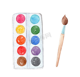 水彩画笔和颜料设置插图隔离在白色背景