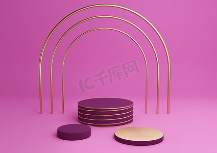 明亮的洋红色、霓虹粉色 3D 渲染简单的产品展示圆筒讲台与豪华金拱和线条三站最小背景抽象组合