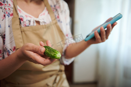 手机夏季夏季摄影照片_家庭主妇手里拿着新鲜黄瓜，用手机浏览互联网网站上的腌制食谱