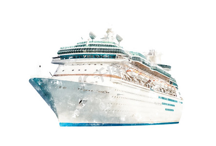 邮轮背景摄影照片_游轮水彩画在白色背景下被隔离，现代远洋班轮