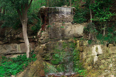 森林里的瀑布，水顺着石头流下来