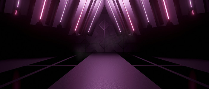 抽象科幻优雅大厅混凝土光泽地下陈列室车库画廊走廊隧道走廊工作室最小昏暗紫色横幅背景壁纸3D渲染