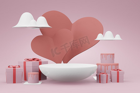 广告投放摄影照片_3D 渲染讲台或框架卡的模型插图设计，带有空的复制空间，用于情人节爱情婚礼概念中​​的产品广告投放