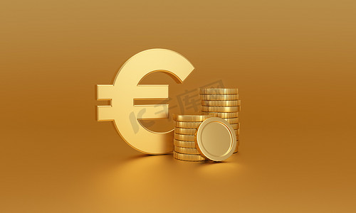 银行出口摄影照片_金色背景上欧元符号旁边的一堆金币。