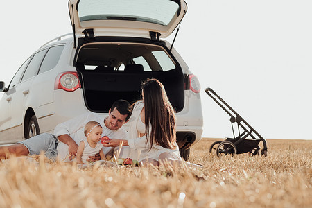 有幼儿的年轻家庭在城外享受野餐，爸爸妈妈带着女儿在周末驾车旅行期间在田野里享受乐趣