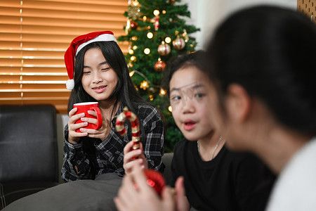 时间的朋友摄影照片_亚洲女孩和她的朋友在家庆祝圣诞节。