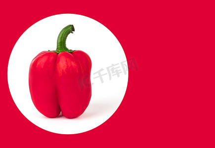 一整个甜椒，红色，在白色背景上，有阴影，红色背景上的文字空间
