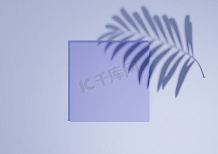 浅色、淡蓝色、3D 渲染最小、简单的顶视图平铺产品展示背景，带有一个讲台架和棕榈叶阴影，用于自然产品
