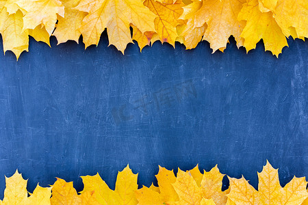 蓝色背景上的秋叶框顶视图秋天边界黄色和橙色叶子复古结构表复制文本空间。