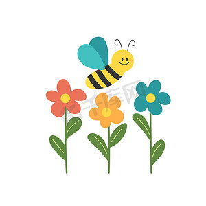可爱的蜜蜂与白色背景上的花朵。
