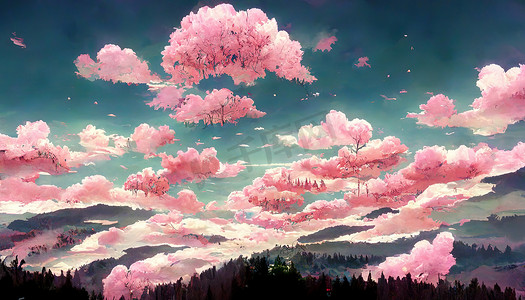 动漫风格的森林，有漂亮的云彩和粉红色的天空
