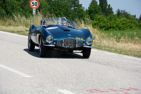 阿斯顿·马丁 DB 2/4 BERTONE SPIDER 1953 年在一辆旧赛车上参加 2022 年著名意大利历史赛事 Mille Miglia 拉力赛（1927-1957 年）