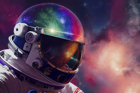 太空中的宇航员和他头盔上星星的倒影。