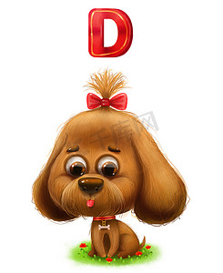 卡通可爱的狗，带着弓和字母